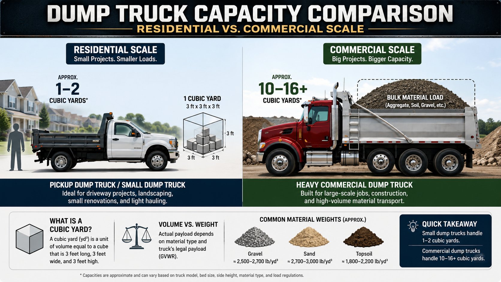 Cubic yard volume diagram comparing small and commercial dump truck capacities