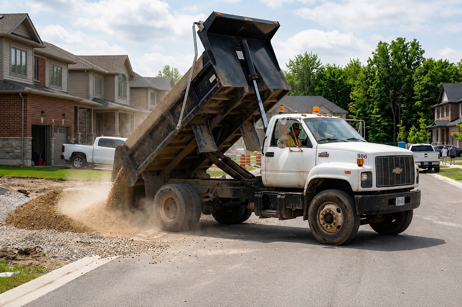 Medium-duty dump truck unloading gravel at a residential construction site