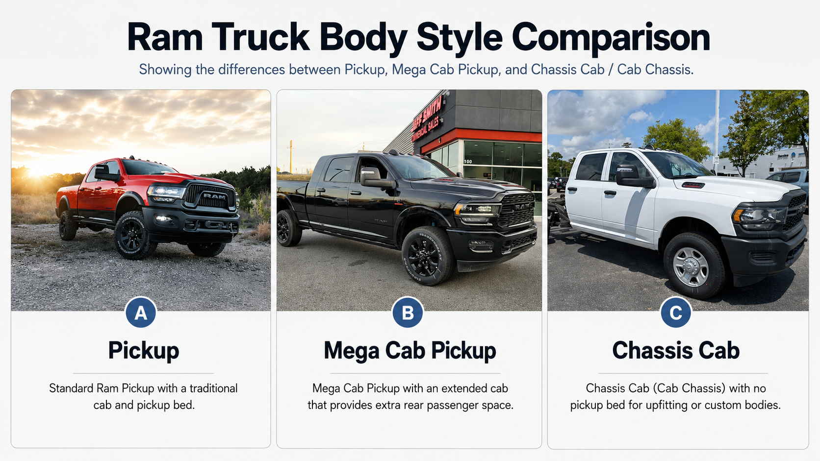 Ram truck body style comparison showing a Pickup, Mega Cab Pickup, and Chassis Cab side by side with labels