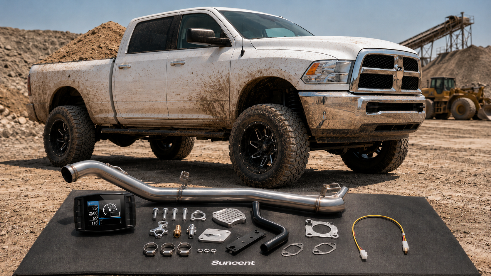 white 2018 Ram 2500 diesel truck loaded with sand at a dusty construction site, displayed with tuner, turbo-back exhaust, EGR delete kit, and SGM bypass cable on a Suncent mat.