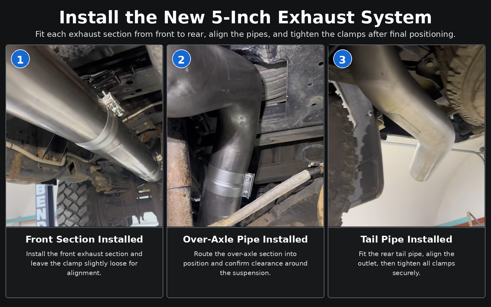 Three-step installation of a new 5-inch exhaust system on a 2020-2022 Ford 6.7 Power Stroke