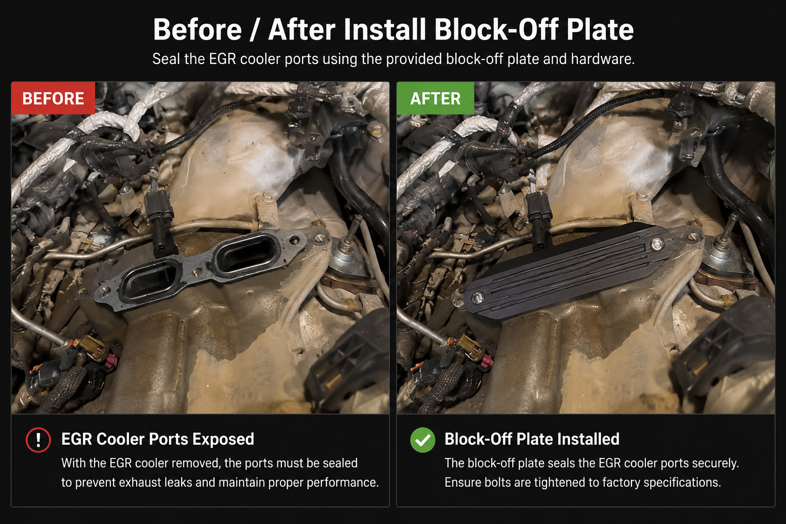 Before-and-after comparison of an EGR block-off plate installed on a 2020-2022 Ford 6.7 Power Stroke