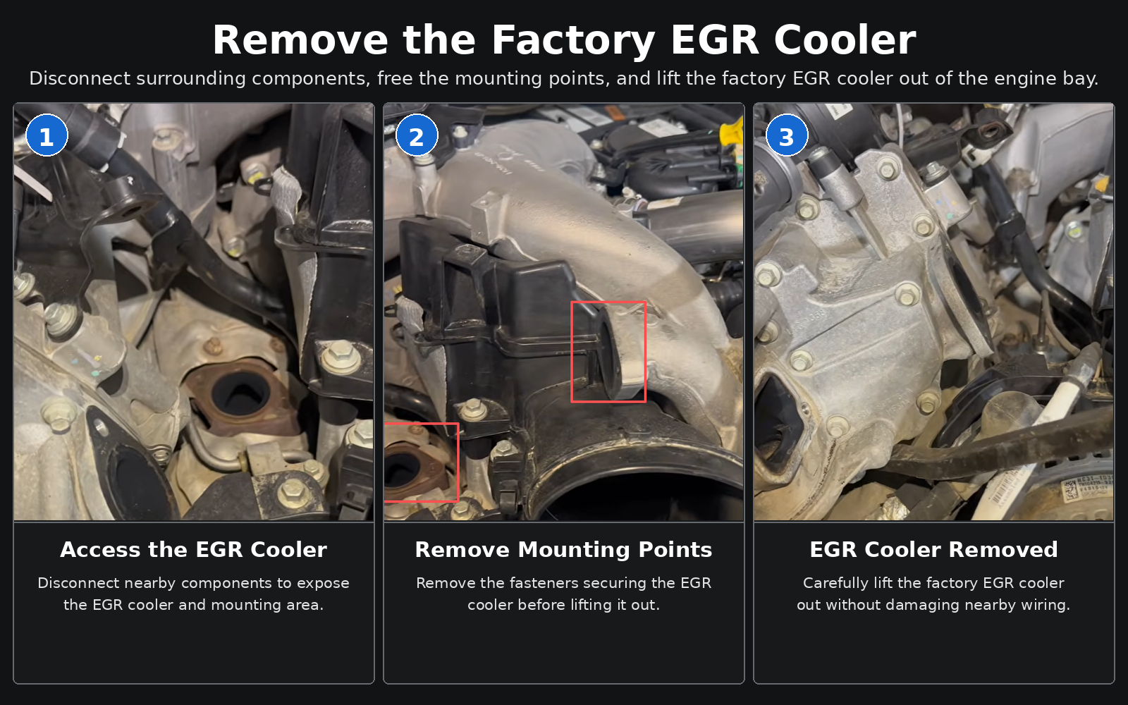 Three-step removal of the factory EGR cooler from a 2020-2022 Ford 6.7 Power Stroke