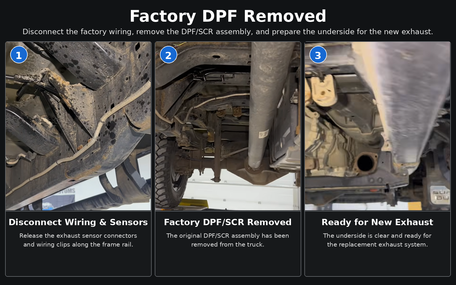 Three-step view of factory DPF and SCR removal on a 2020-2022 Ford 6.7 Power Stroke