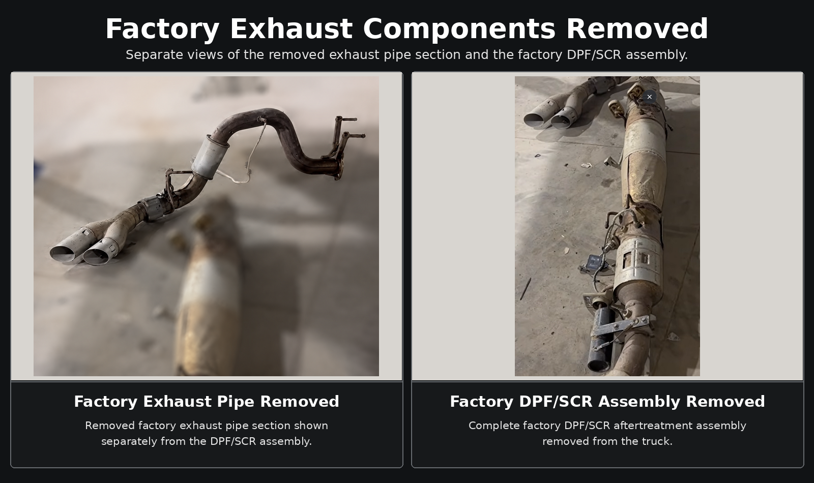Comparison of the factory exhaust pipe and factory DPF/SCR assembly removed from a 2020-2022 Ford 6.7 Power Stroke