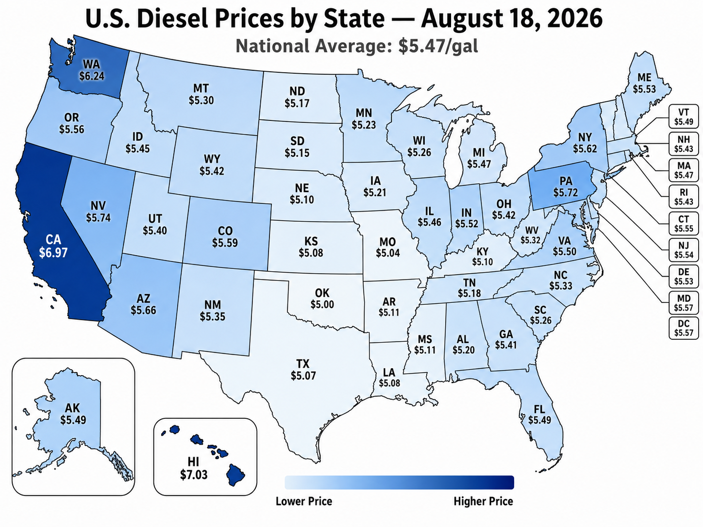 U.S. Diesel Prices by State map