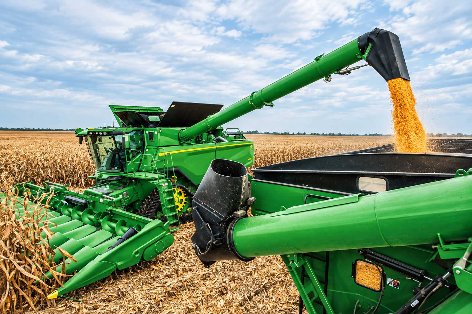 John Deere combine harvester unloading corn into a grain cart during the 2026 harvest season