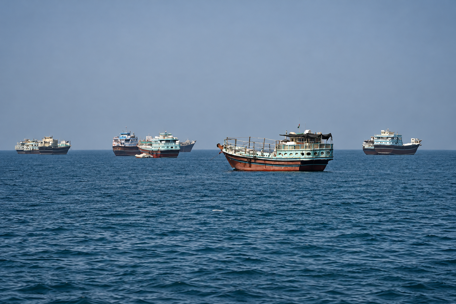 Ships anchored near the Strait of Hormuz amid shipping disruptions during the 2026 Iran conflict
