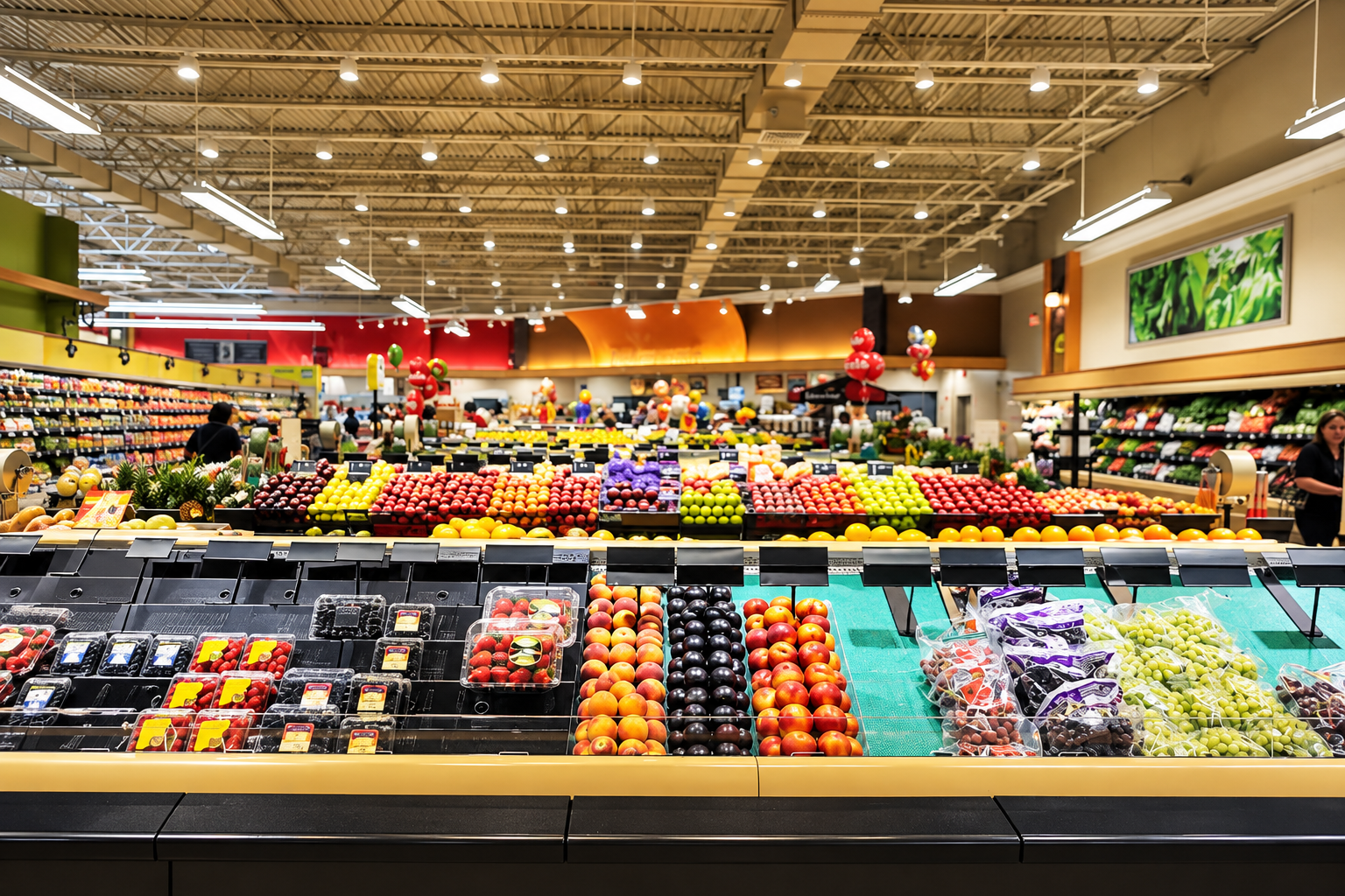Fresh fruits and groceries displayed in a U.S. supermarket amid rising food and transportation costs