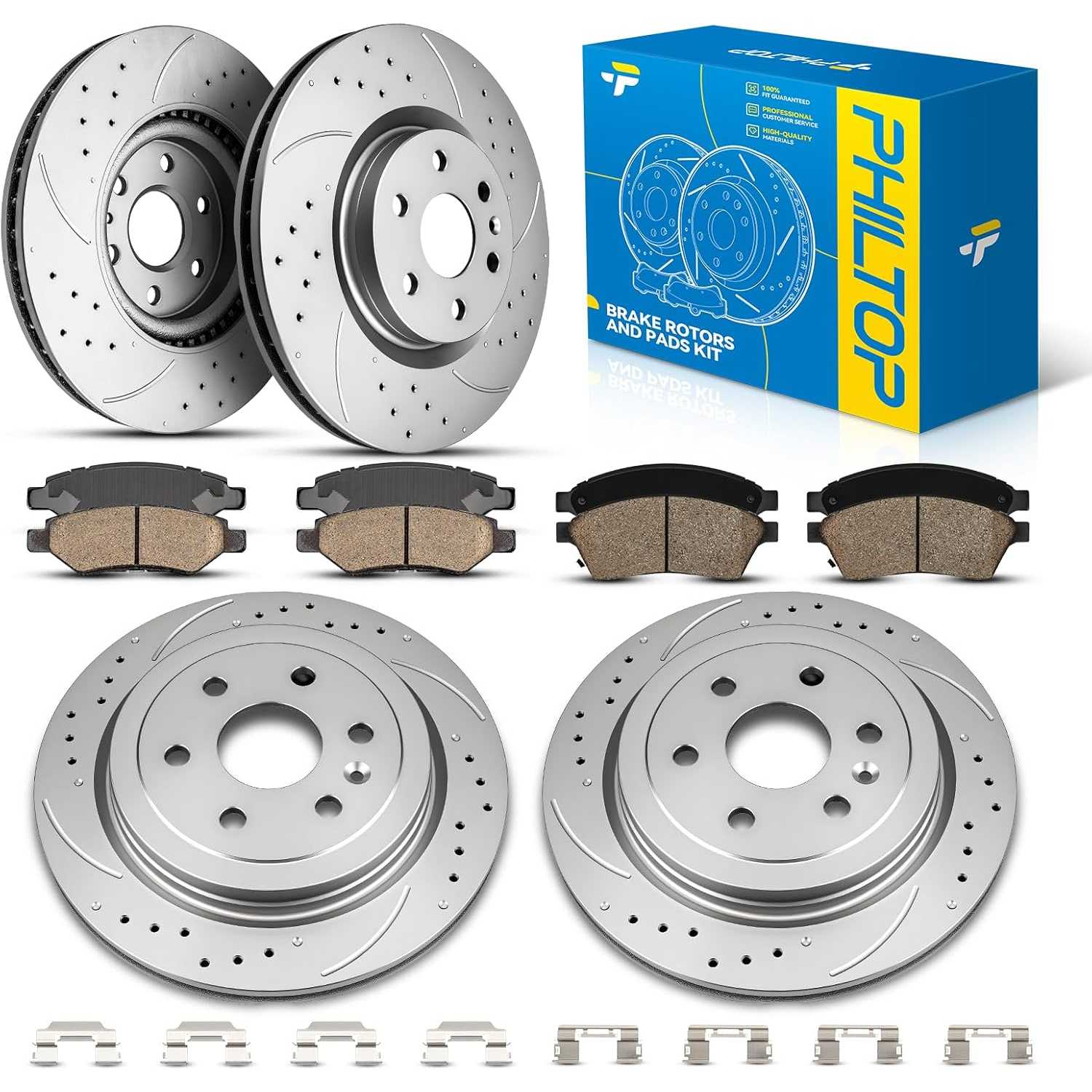 PHILTOP Front & Rear Brake Kit For 2010 2011 2012 2013 2014 2015 2016 Cadillac SRX, Drilled & Slotted Brake Rotors Ceram