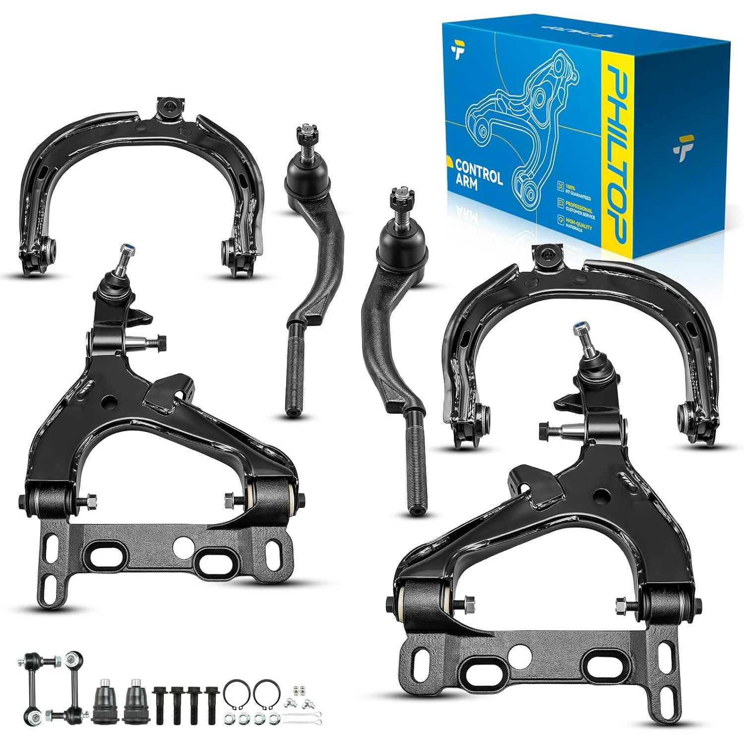 PHILTOP Front Upper Lower Control Arms W/Ball Joint Tie Rod Sway Bar Link Fit for 2004-2007 Rainier/Trailblazer/Envoy/Ascender,