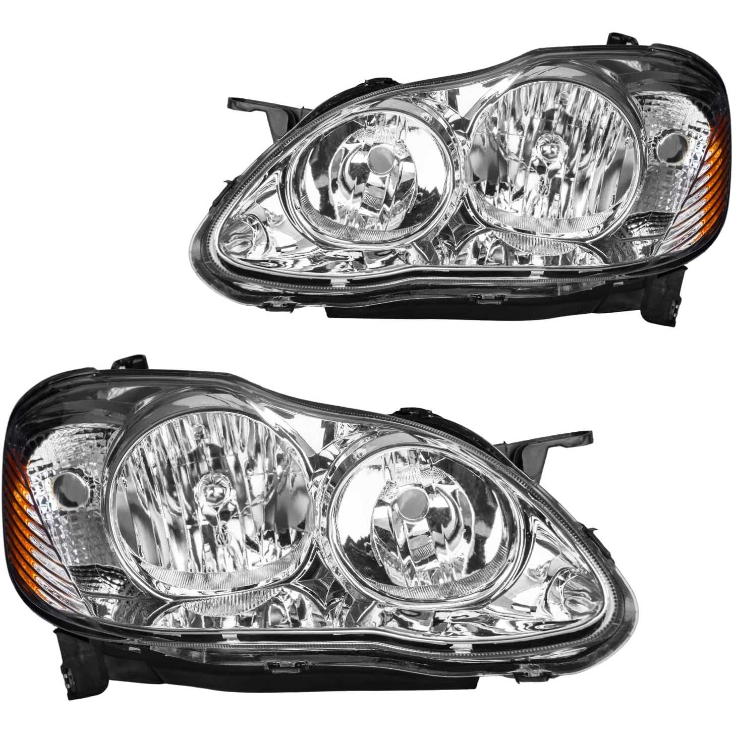 PHILTOP Headlight Assembly Pair, Chrome Housing, Amber Reflector, Clear Lens, OE Style Replacement for 2003-2008 Corolla