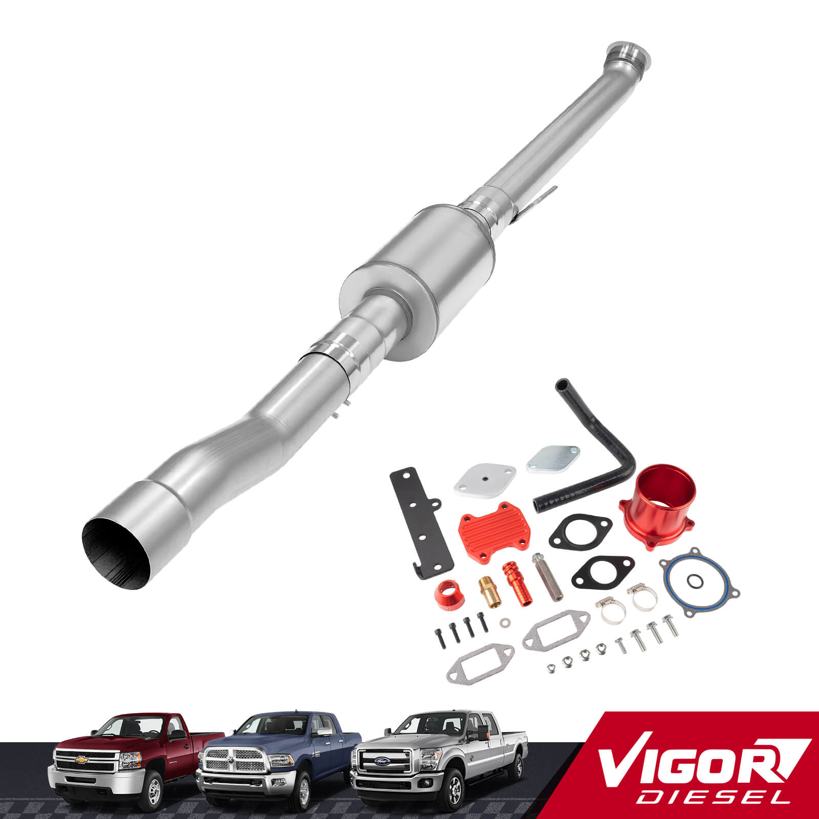 4" DPF/EGR Delete 2022-2024 6.7L Cummins EGR Delete Kit(Red) and 4" Race Pipe W/Muffler 1