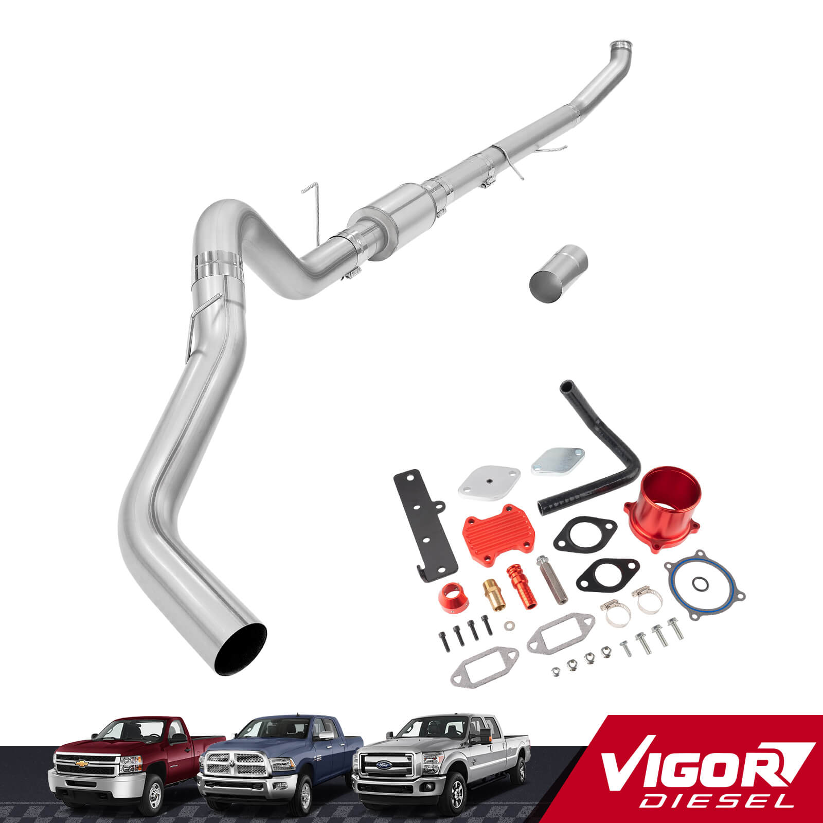 5" DPF/EGR Delete 2013-2018 6.7L Cummins EGR Delete Kit(Red) and 5" Turbo-Back Exhaust W/Muffler 1