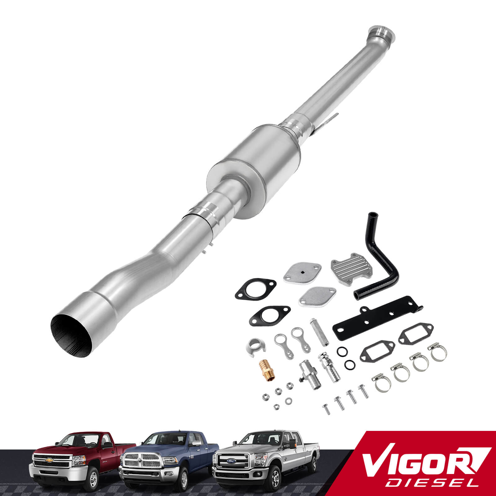 4" DPF/EGR Delete 2022-2024 6.7L Cummins EGR Delete Kit(Silver) and 4" Race Pipe W/Muffler 1