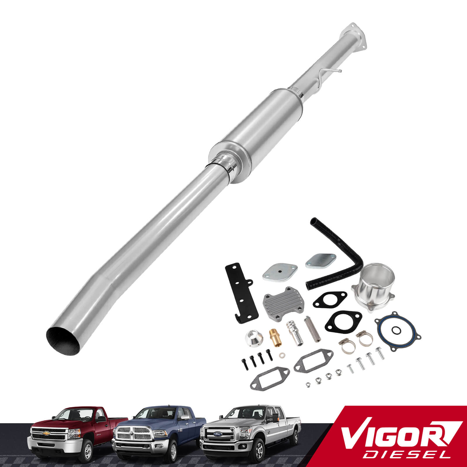 4" DPF/EGR Delete 2013-2018 6.7L Cummins EGR Delete Kit(Silver) and 4" Race Pipe W/Muffler 1