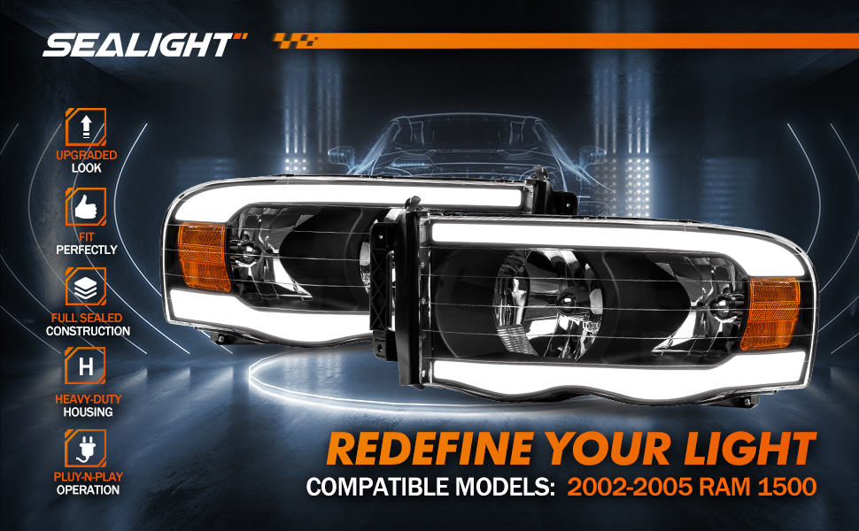 LED DRL Headlights For 2002-2005 Dodge Ram 1500 - Black Housing, Sequential Turn 9 thumbnail image