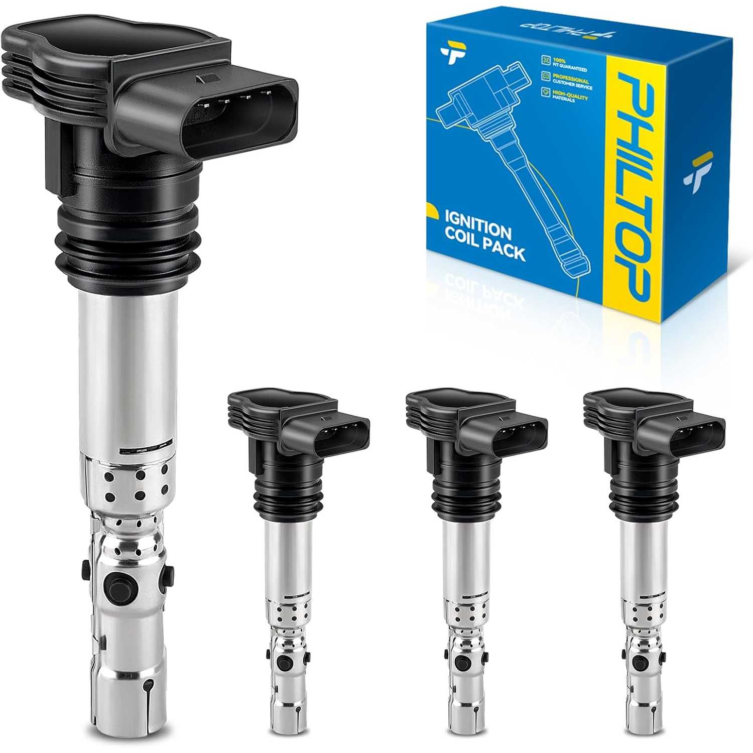 PHILTOP UF411 Ignition Coil Pack, Set of 4 Compatible With A6 Quattro 2003-2004, TT 2001-2006, Passat 2000-2005, Jetta, Golf, A4