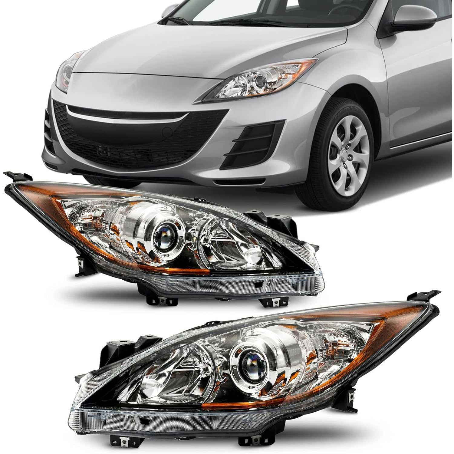 PHILTOP Headlights Assembly fit for 2010-2013 Mazda 3,Chrome Housing Clear Lens Amber Reflector,OE Style Headlamps (Driver + Pas
