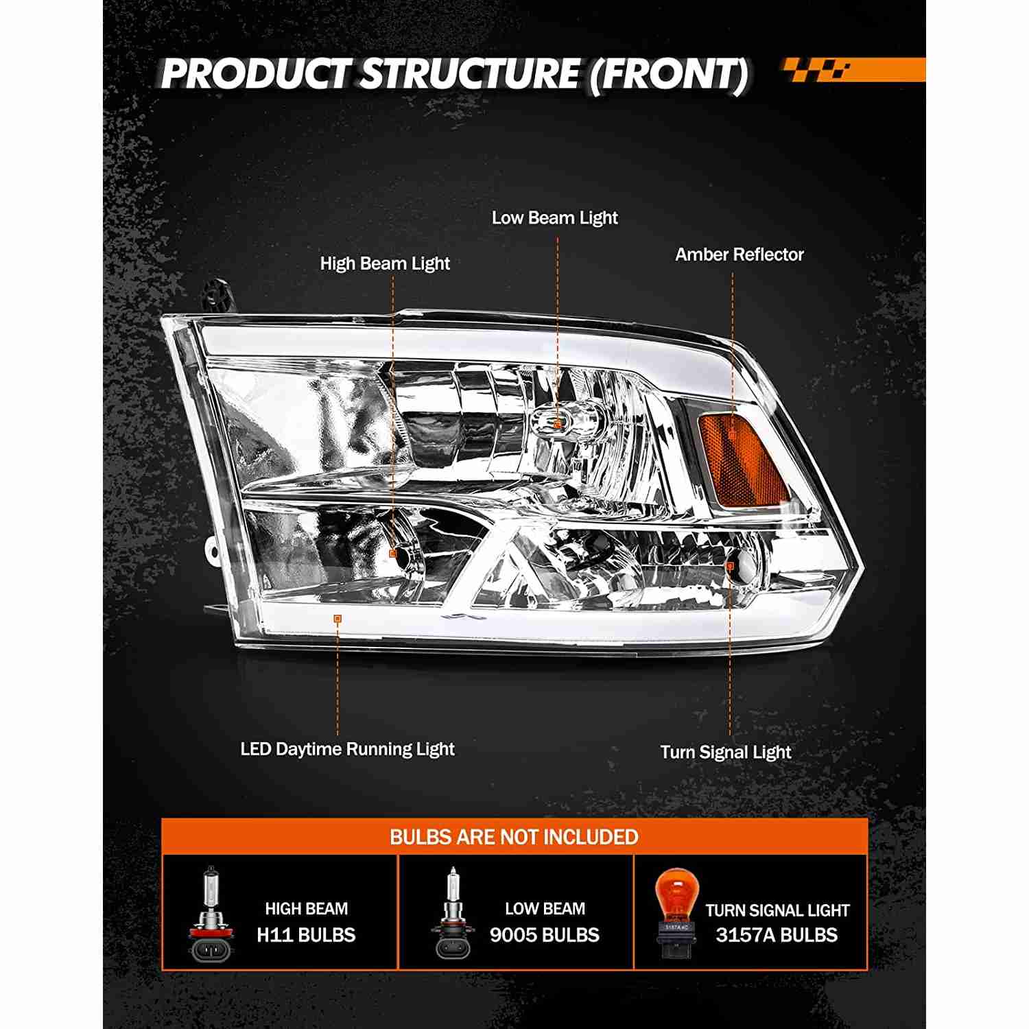DNA MOTORING Factory Style Headlight Assembly – Right Side For 2009-2018 Dodge Ram 1500