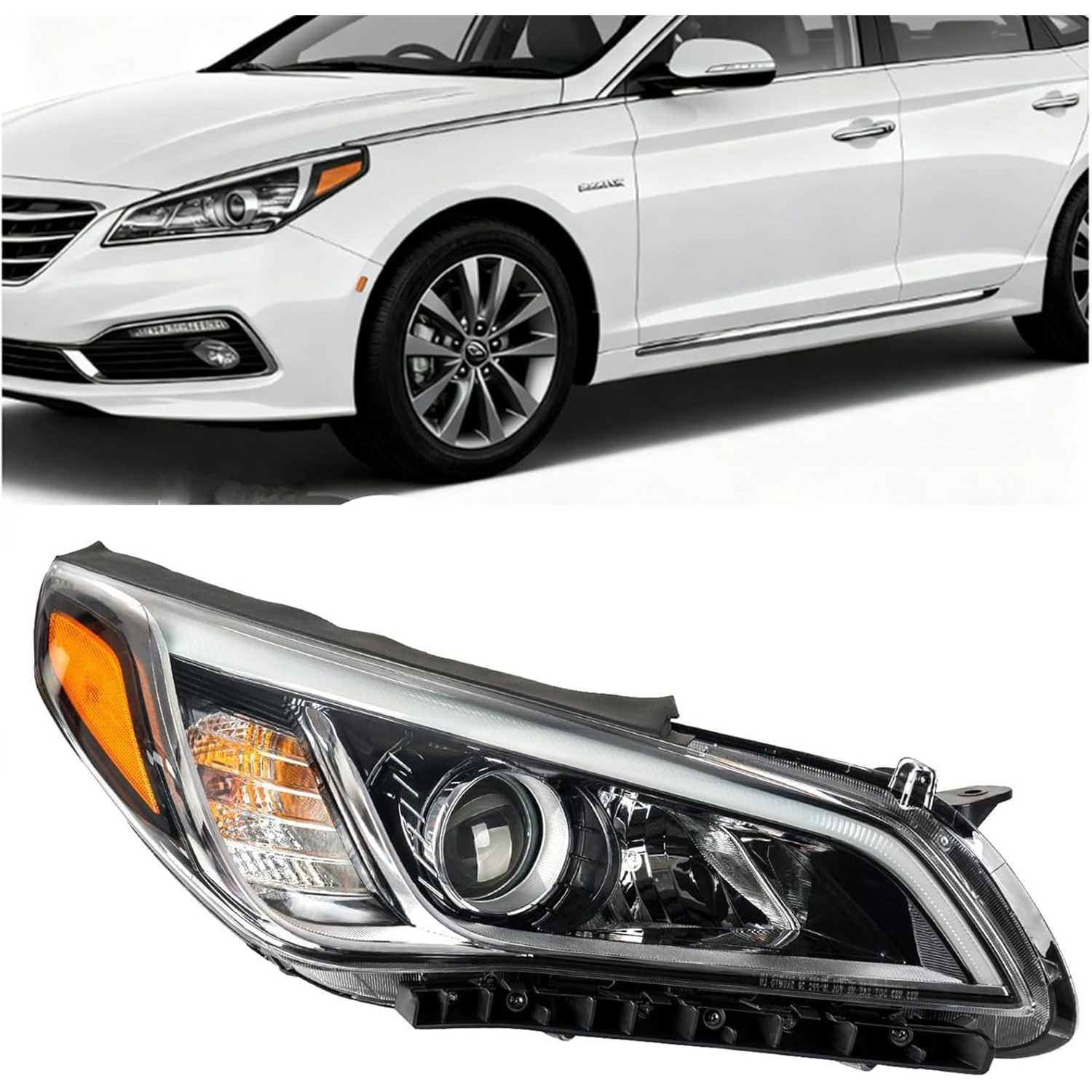 PHILTOP Headlights Assembly Compatible with 2015 2016 2017 Hyundai Sonata SE/Sport/Limited/ECO,Black Housing Clear Lens Amber Re