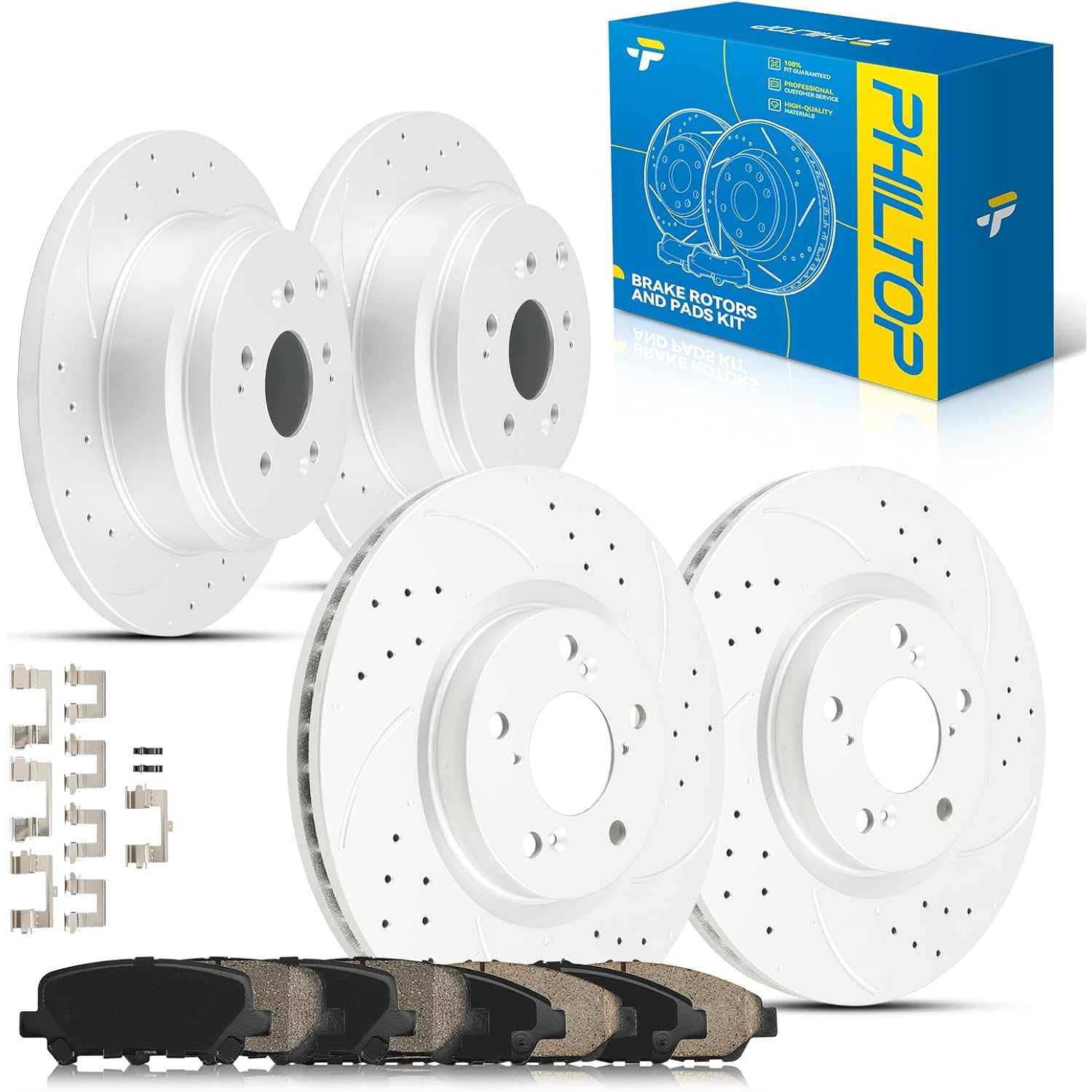 PHILTOP Front and Rear Brake Kit For Honda Pilot 2009-2014, Brake Rotors and Brake Pads Kit Replace #31468+D1280+31469+D1281, Fr