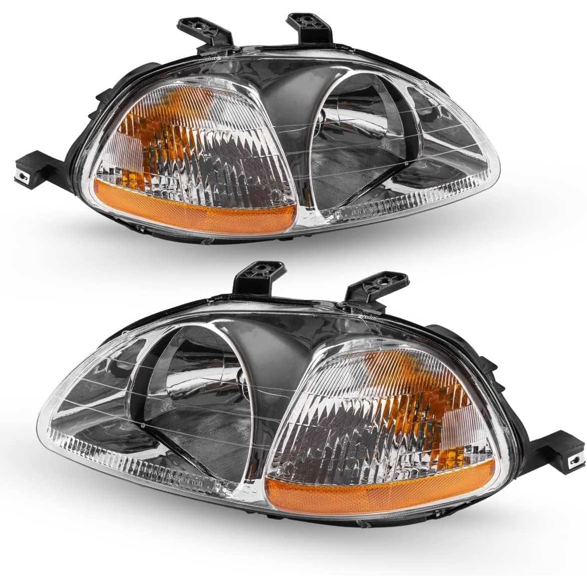 PHILTOP Headlights Assembly Compatible with 1996-1998 Honda Civic,Chrome Housing Clear Lens Amber Reflector,Halogen Headlamps (D