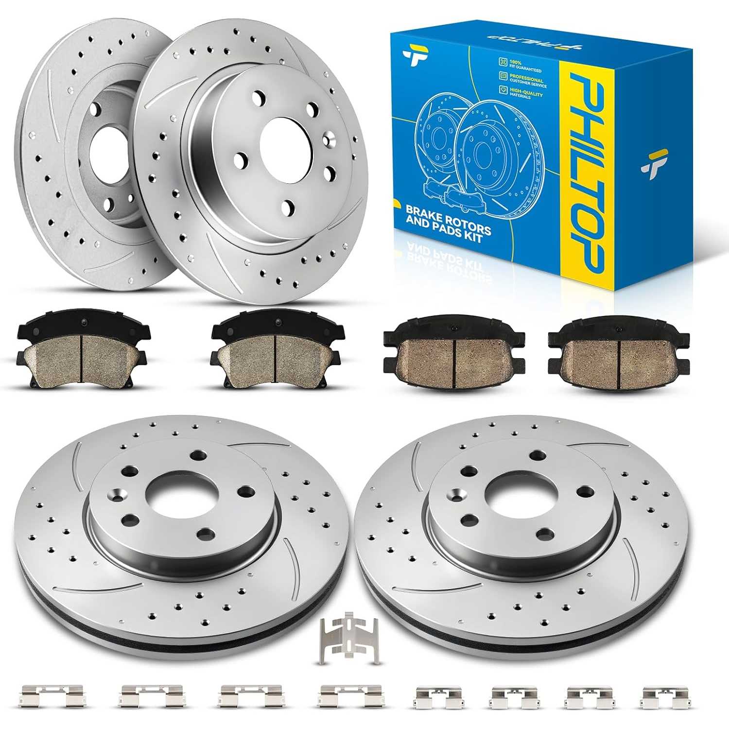 PHILTOP Front & Rear Brake Kit For 2011 2012 2013-2015 Chevrolet Cruze, Drilled & Slotted Disc Rotors with Ceramic Brake