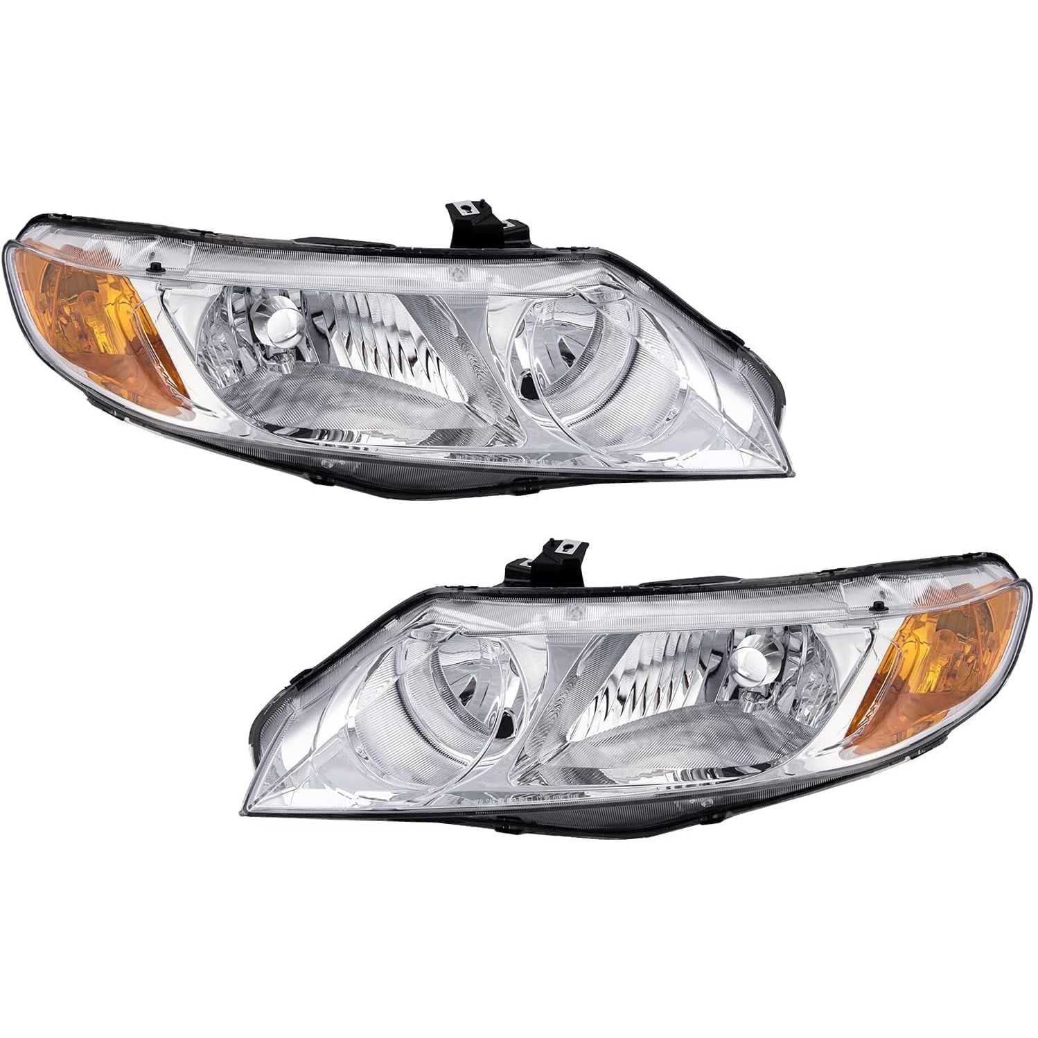 PHILTOP Headlight Assembly Replacement for 2006-2011 Civic Sedan 4-Door, Amber Headlamp Reflctor Clear Lens Chrome Housing