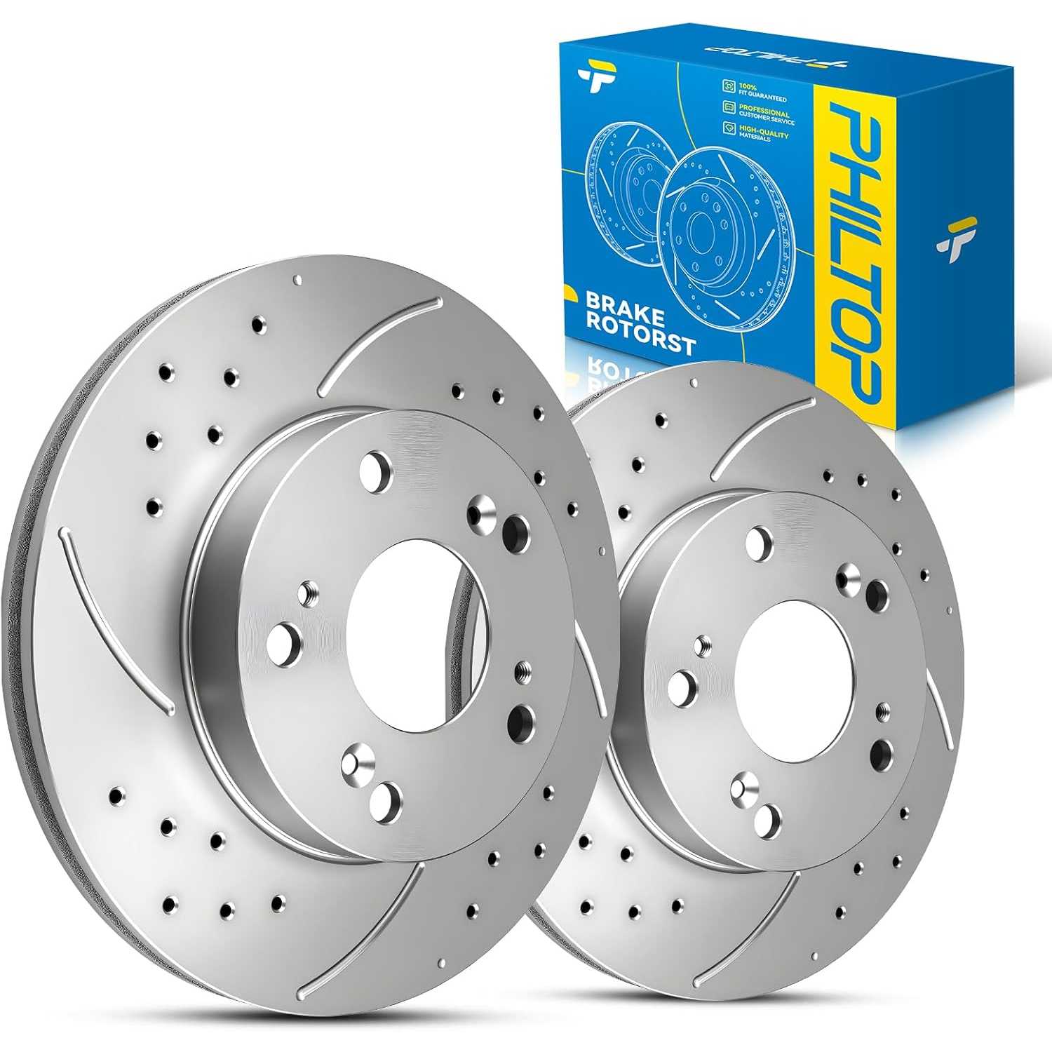 PHILTOP Front Rotor for Honda Civic 2006 2007 2008 2009 2010 2011 CR-Z 2011-2012, 2015 Acura RSX 2002-2006, Drilled and Slotted