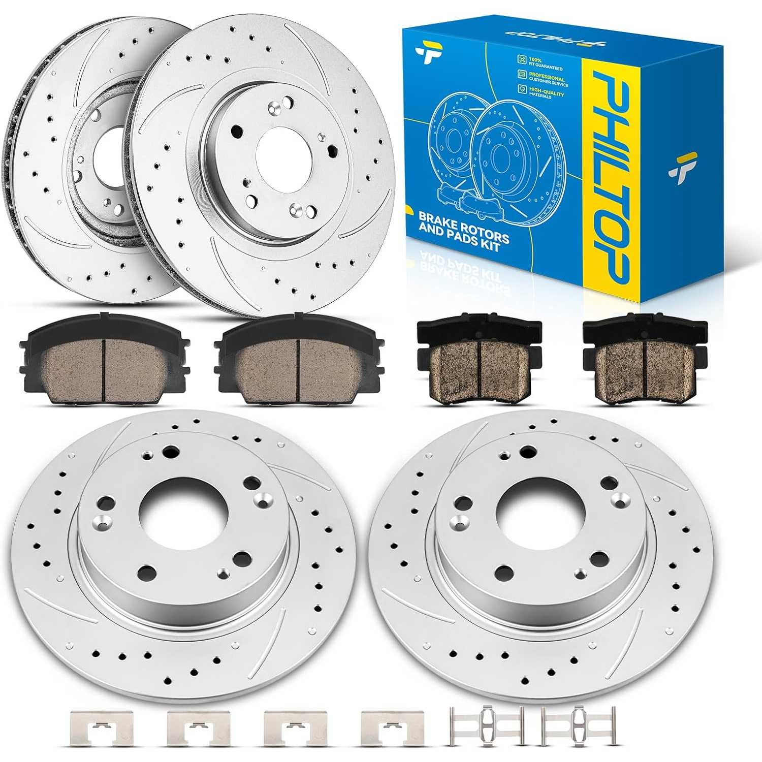 PHILTOP Front & Rear Brake Kit For 2006-2011 Honda Civic, Drilled & Slotted Brake Rotors Ceramic Brakes Pads Replacement