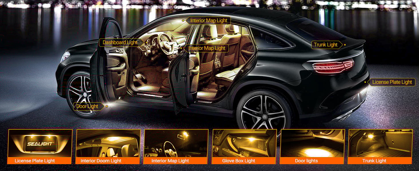 Sealight 194 168 W5W 2825 T10 LED Light Bulb Amber License Plate Dome Map Door Courtesy Dash Lights