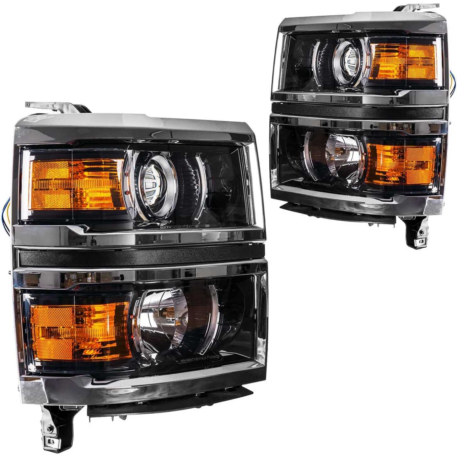 PHILTOP Headlights Assembly Compatible with 2014-2015 Chevy Silverado 1500,Chrome Housing Clear Lens Amber Reflector,Halogen Hea