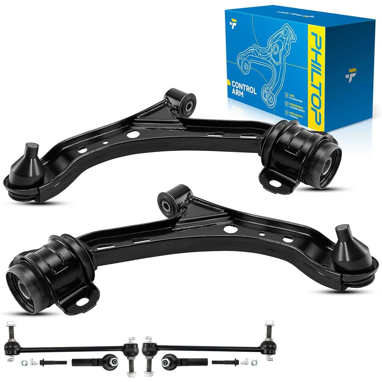 PHILTOP 6pcs Front Lower Control Arms w/Ball Joint Outer Tie Rod Sway Bar End Link Fit for Mustang 2005 2006 2007 2008 2009 2010