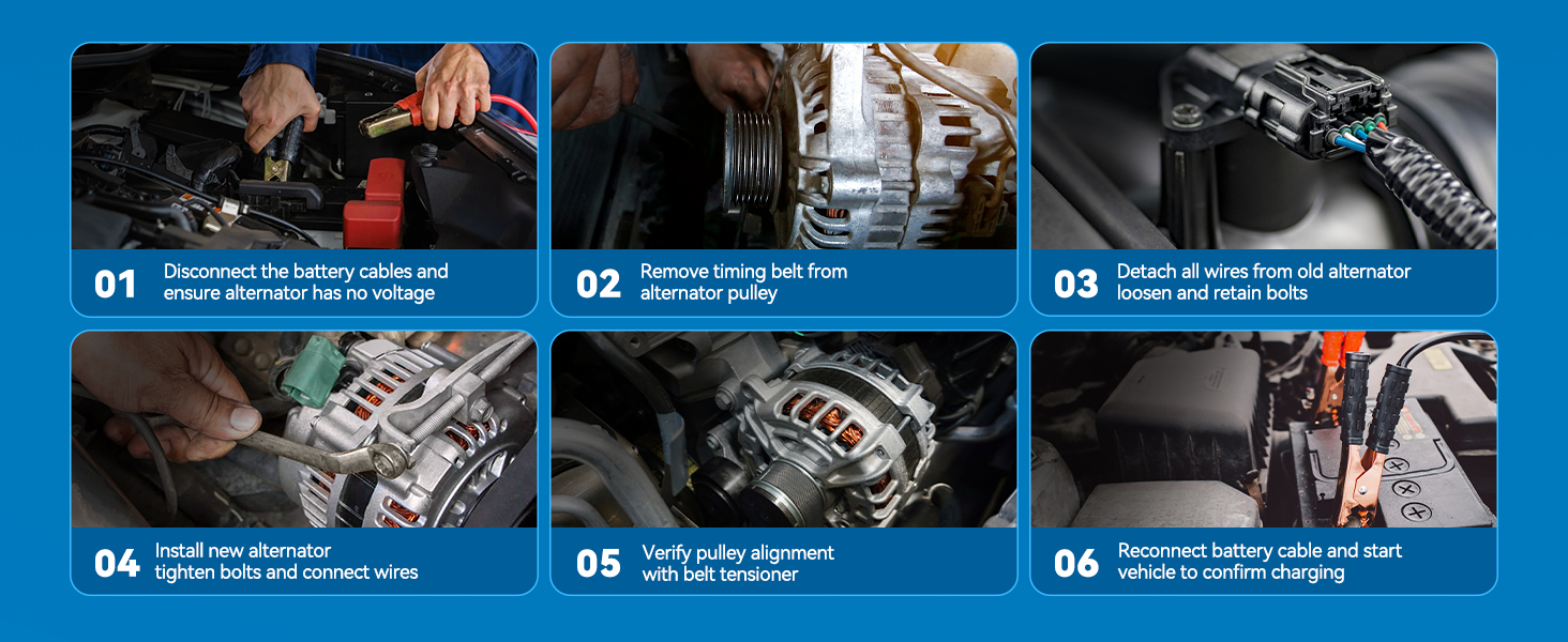 Disconnect the battery cables and ensure alternator has no voltage Remove timing belt from alter