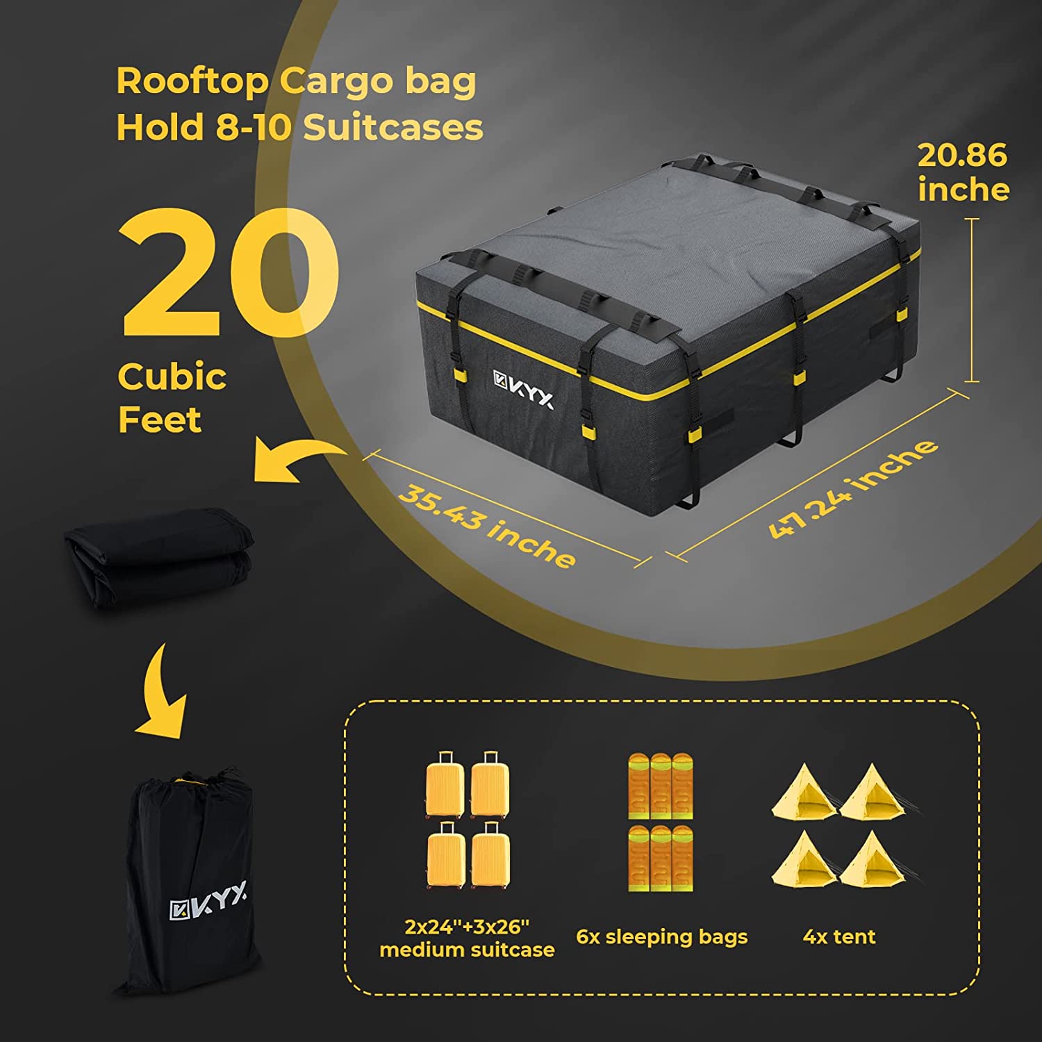 Suncent® 20 Cubic Feet Waterproof Black Rooftop Cargo Carrier Bag 3