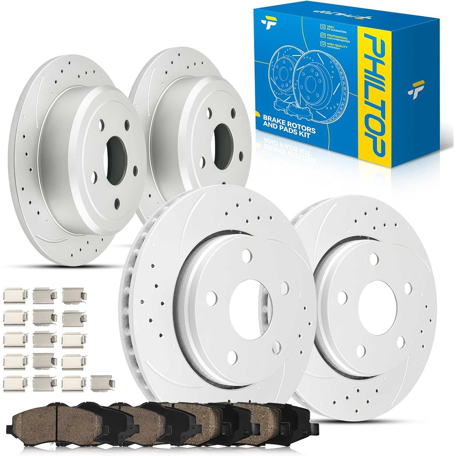 PHILTOP Front and Rear Brake Kit For Jeep Wrangler 2007-2017, Brake Rotors and Brake Pads Kit Replace #53040+D1273+53041+D1274,