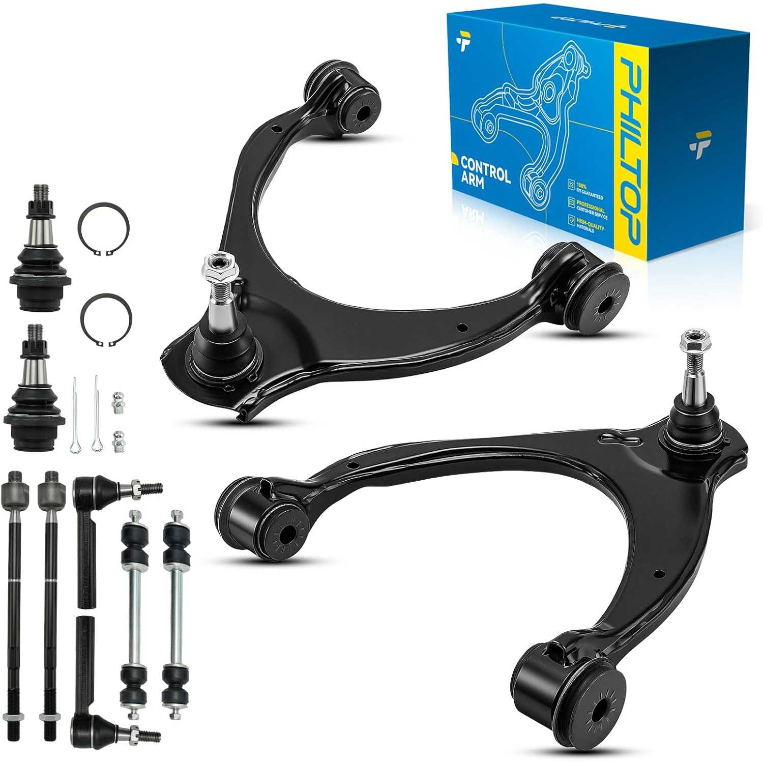 PHILTOP Front Upper Control Arms W/Ball Joint Tie Rod Sway Bar Link Fit for 2015-2019 Escalade, Escalade ESV, 2014-2018 Silverad