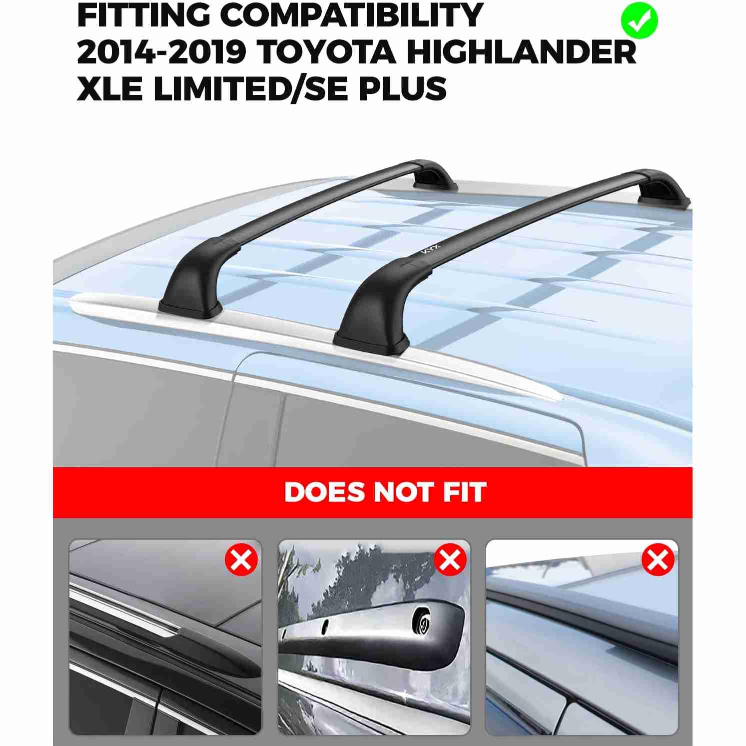 Uimoso Roof Racks Cross Bars For 2014-2019 Toyota Highlander XLE Limited & SE – 165lb Capacity – Black Aluminum – HJ-RB032