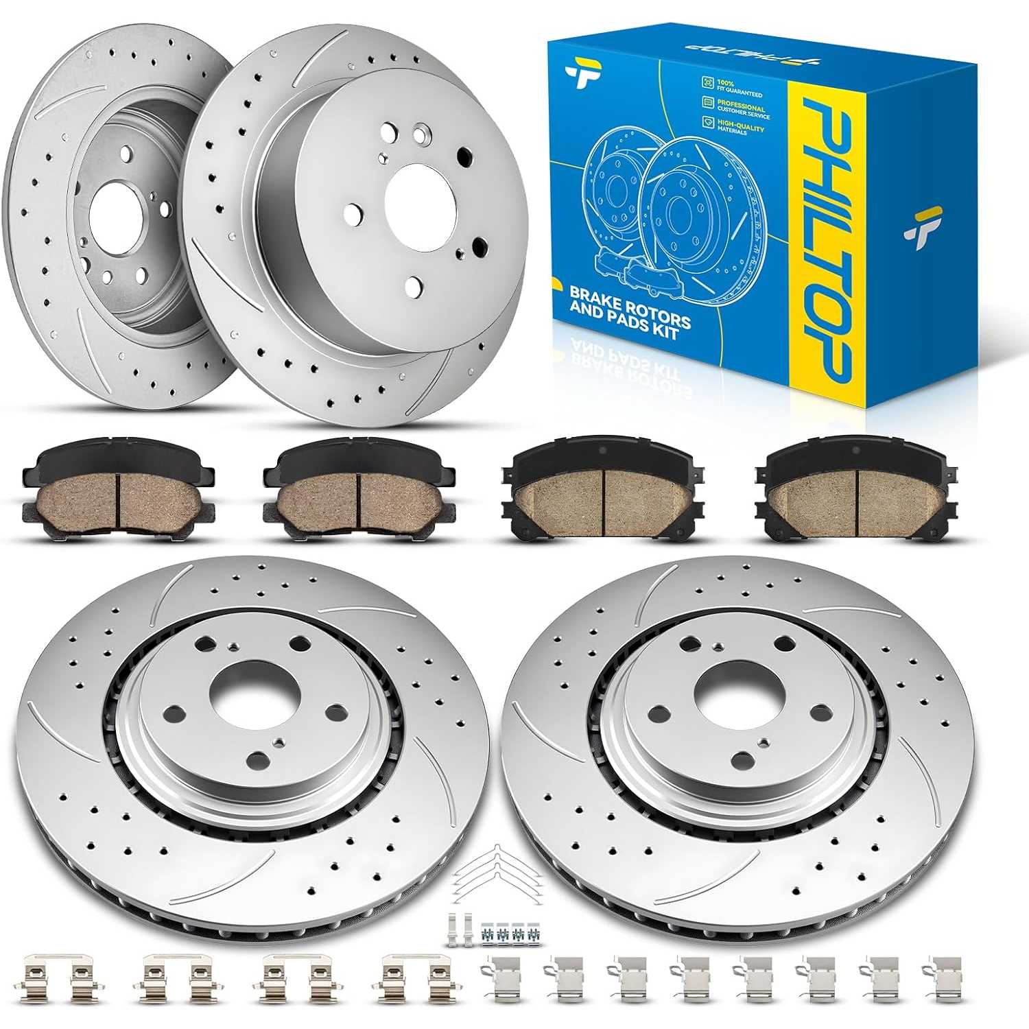 PHILTOP Front & Rear Brake Kit For 2008 2009 2010 2011 2012 2013 Toyota Highlander, Drilled & Slotted Brake Rotors Ceram