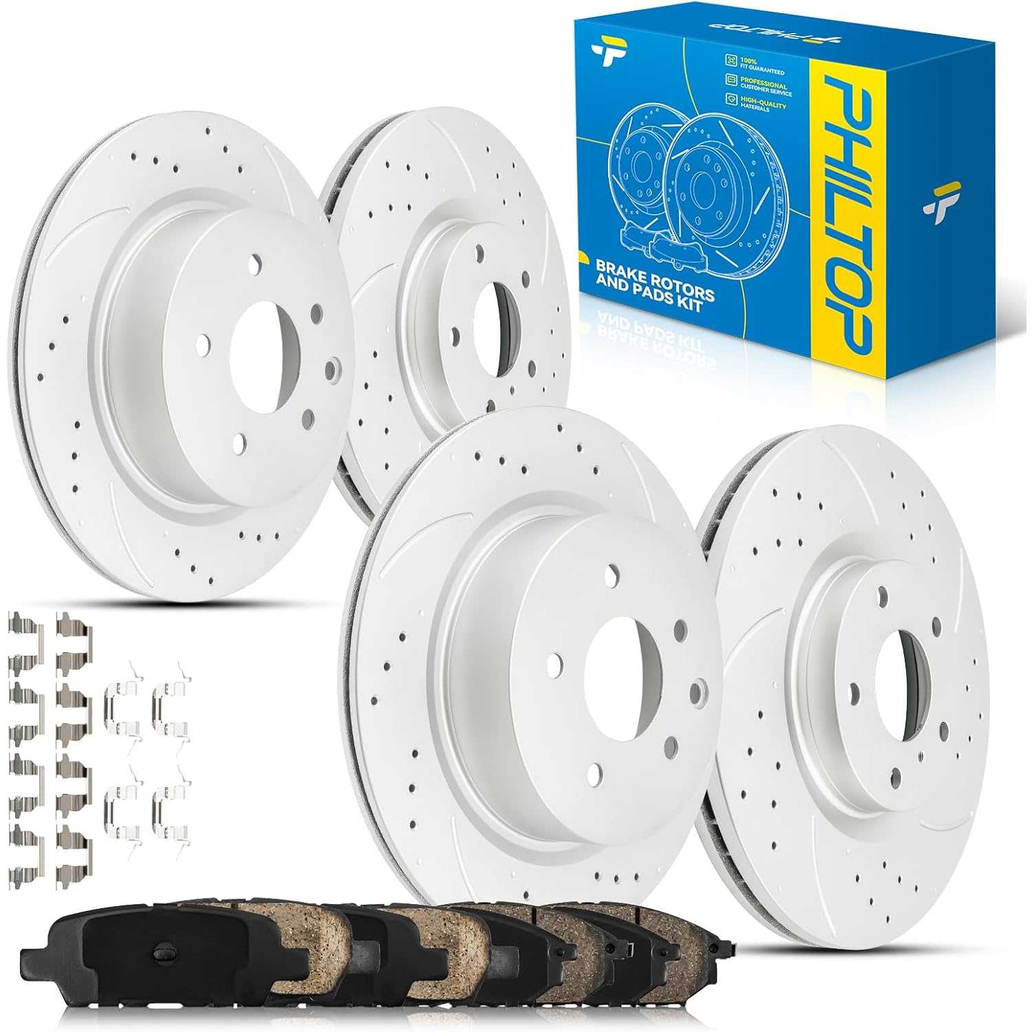 PHILTOP Front and Rear Brake Kit For INFINITI M35 2006-2010, Drilled and Slotted Brake Rotors and Brake Pads Kit Replace #31375+