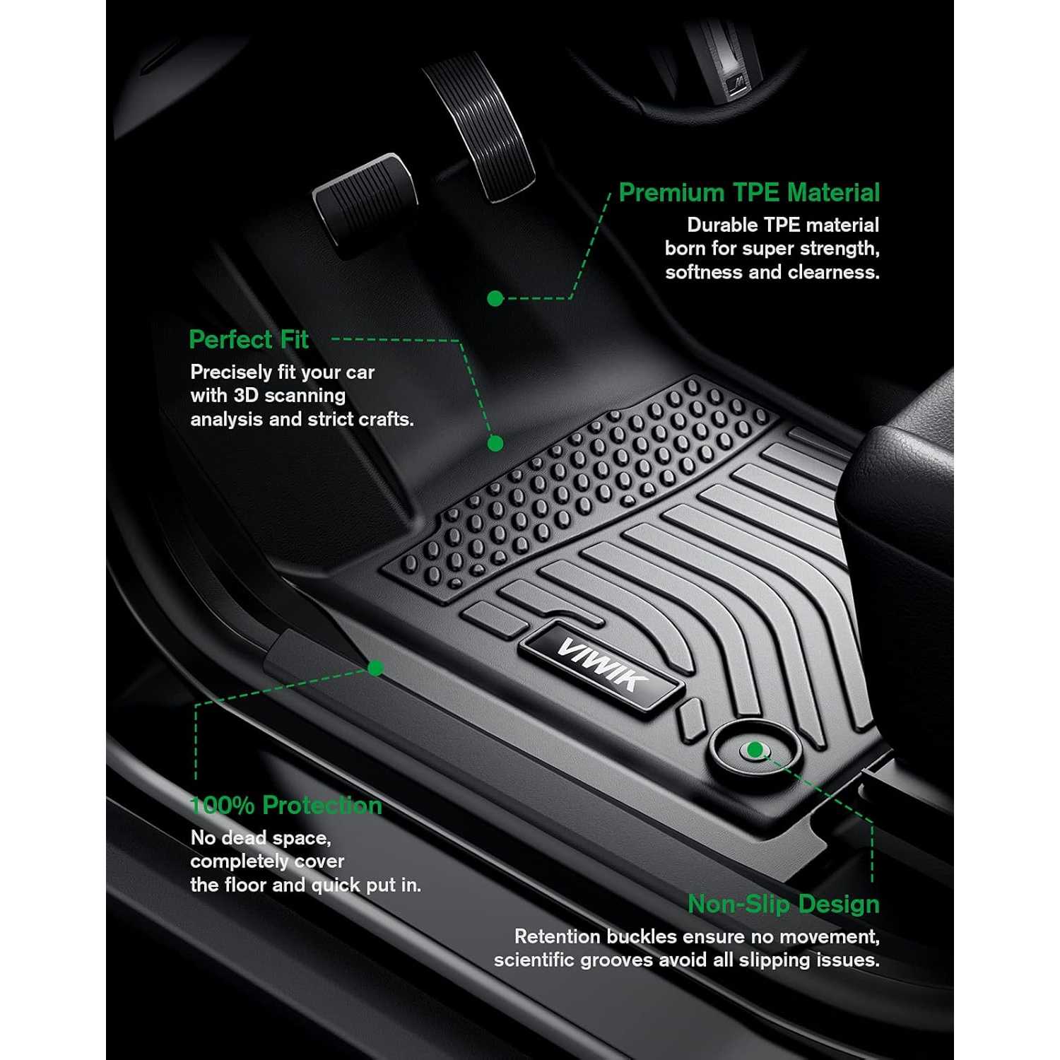 ViWiK® All Weather Custom Car Floor Mats Best TPE Vehicle Floor Liners for 2016 Honda Civic (not fit Clarity Plug-In Hybrid) Automotive Front & Rear Mats 7