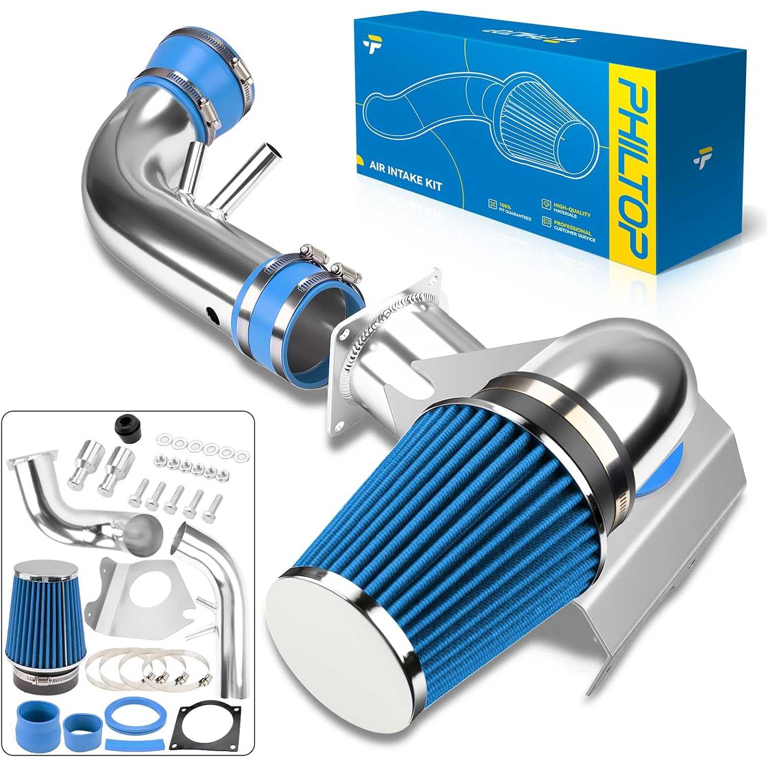 3.5" Cold Air Intake Kit for 1996-2004 Ford Mustang GT | W/Heat Shield, No MAF Port, Blue Washable Air Filter