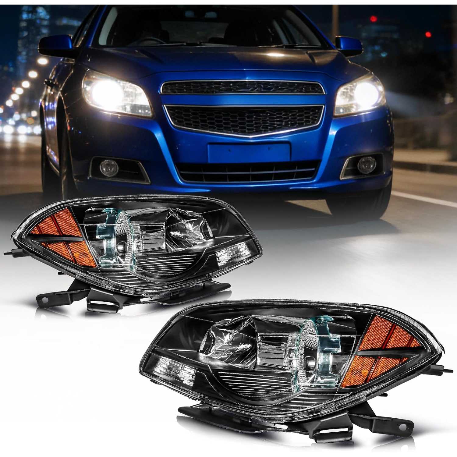 Headlights Assembly fit for 2008-2012 Chevy Malibu | Amber Reflector, Black Housing, Driver and Passenger Side