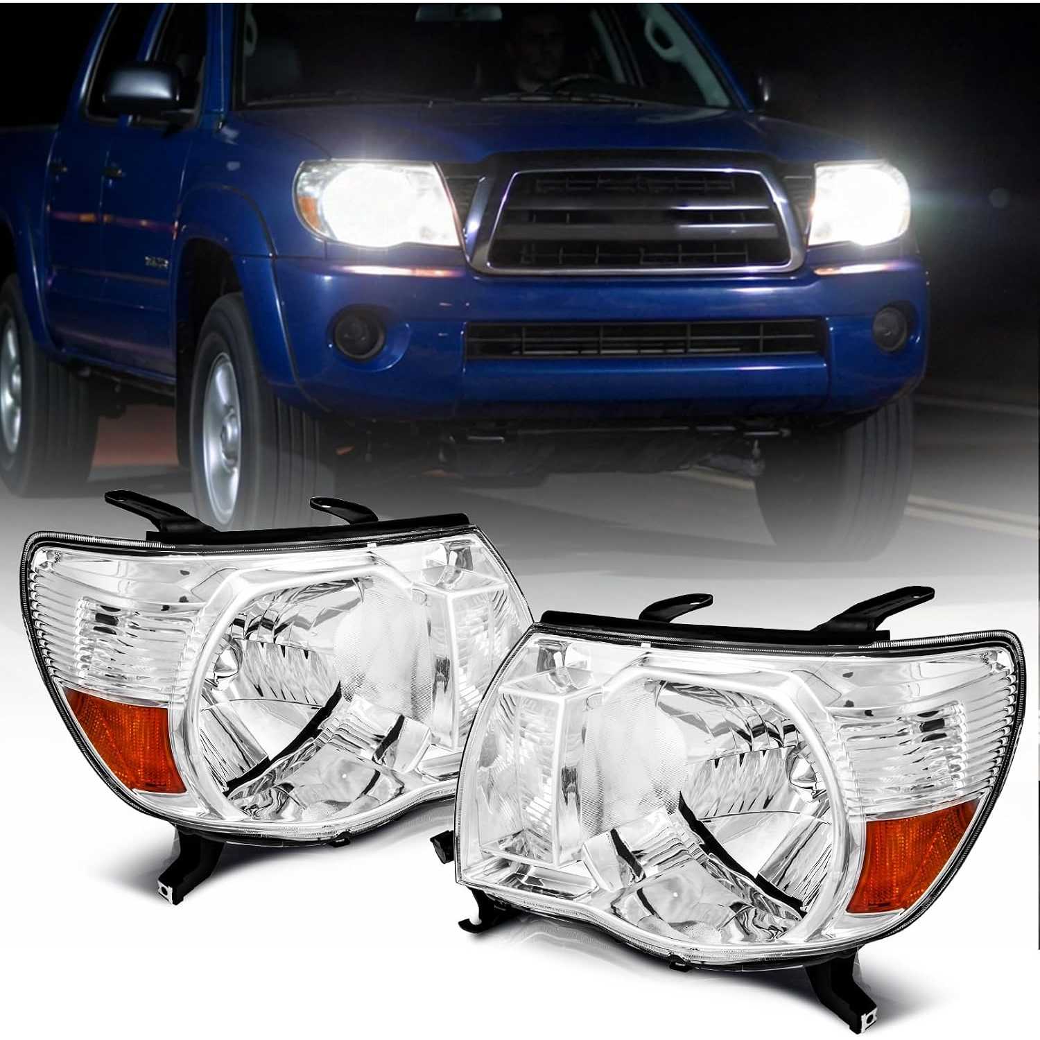 Headlights Assembly fit for 2005-2011 Toyota Tacoma | Amber Reflector, Chrome Housing, Driver and Passenger Side