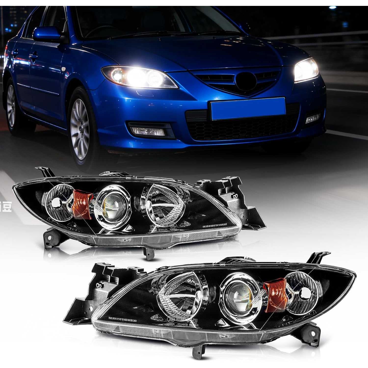 Projector Headlight Assembly fit for 2004-2009 Mazda 3 2.3L/2.0L | Amber Reflector, Black Housing