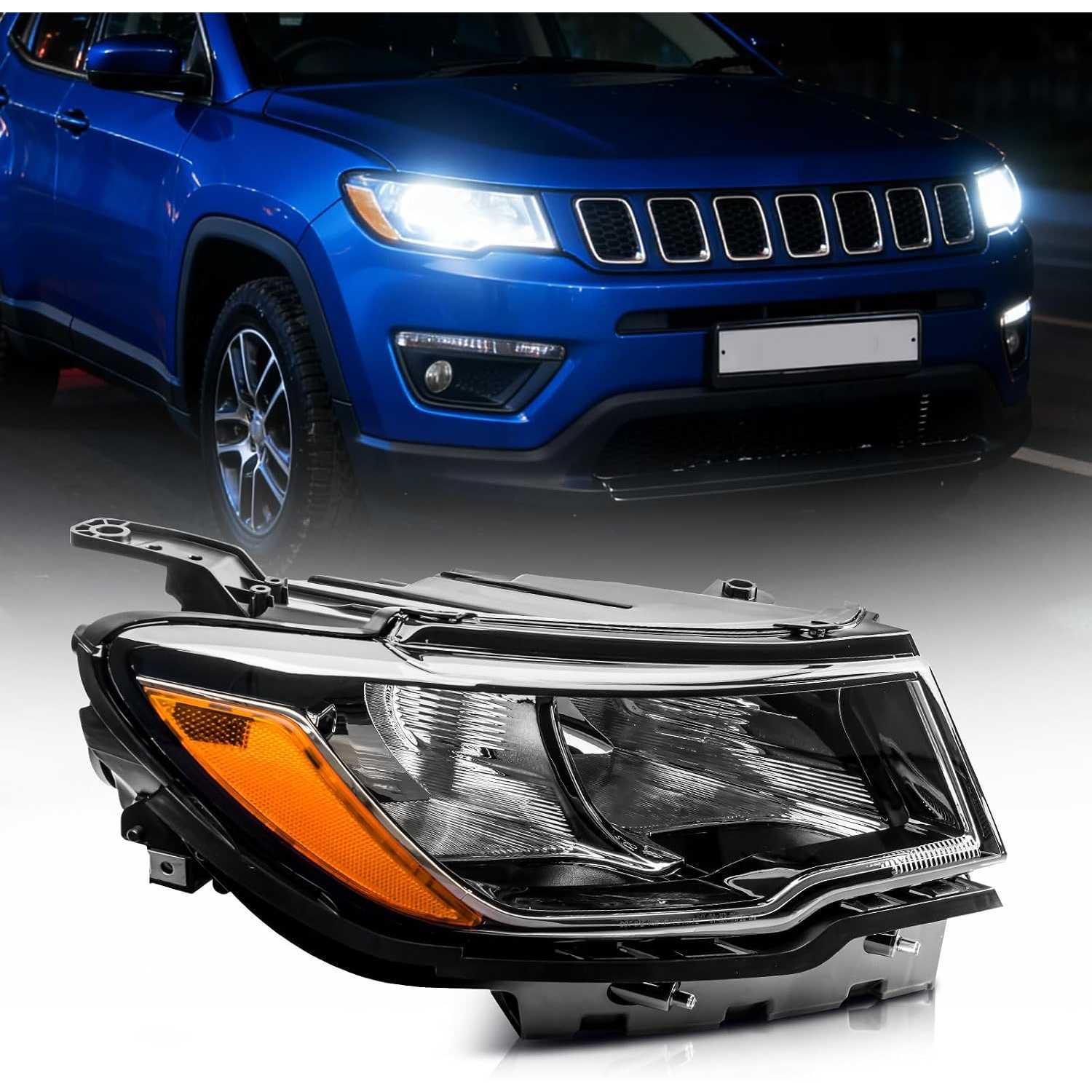 Headlights Assembly fit for 2017-2021 Compass | Amber Reflector, Black Housing, Passenger Side, CH2503295