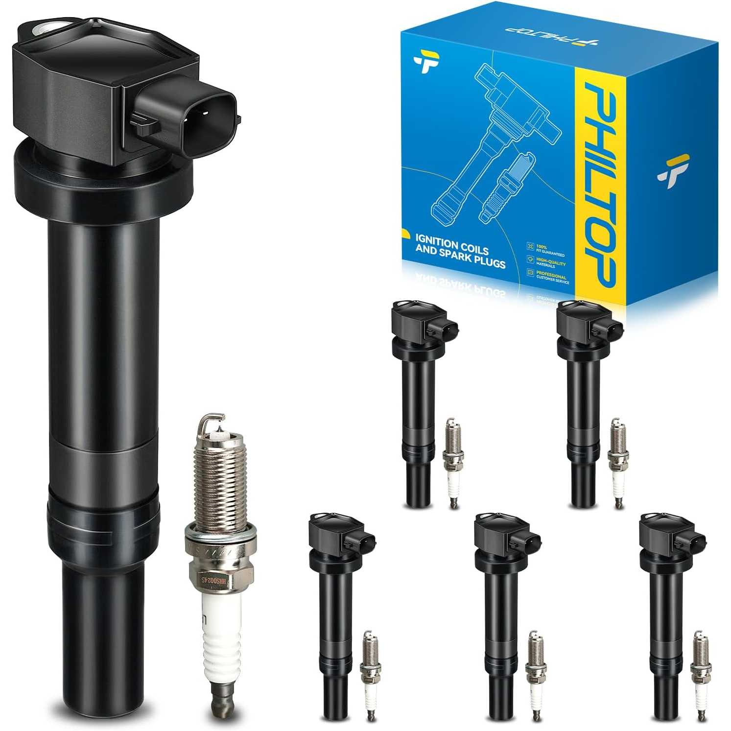 Ignition Coil Pack and Iridium Spark Plugs Fits for Hyundai 2007-2009 Santa Fe 2.7L, Kia 2007-2010 Rondo 2.7L