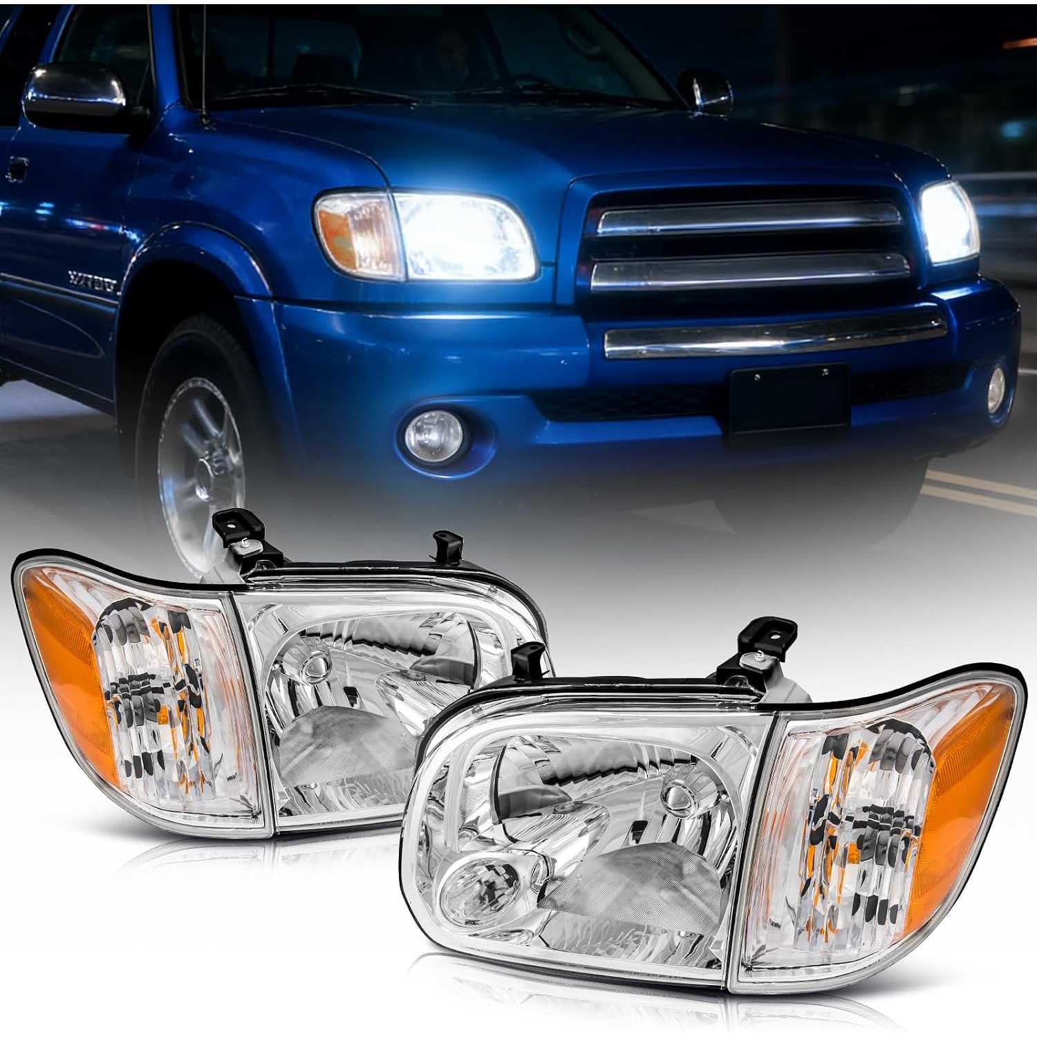 Headlight Assembly fit for 2005-2006 Toyota Tundra 4.7L/4.0L | fit for 2005-2007 Sequoia, Amber Reflector