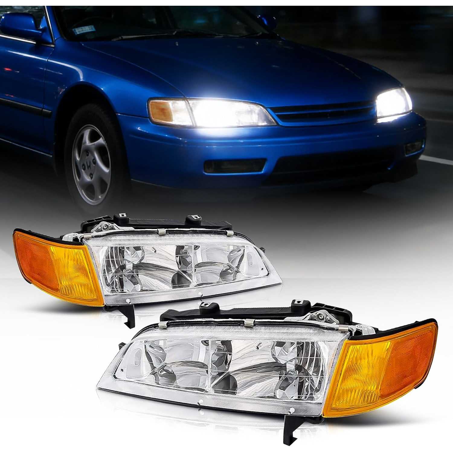 Headlight Assembly fit for 1994-1997 Honda Accord | Amber Reflector, Chrome Housing, Driver and Passenger Side